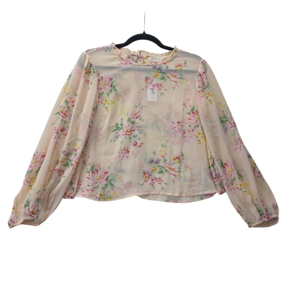 American Eagle Floral Sheer Long Sleeve Blouse Peach Pink Ruffle Neck Medium NEW